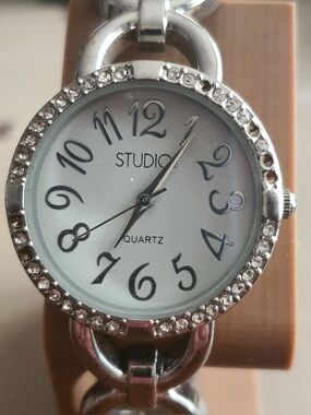🦋10/$20🦋 Studio Time Silver/White Rhinestone Women's Closed Cuff Watch